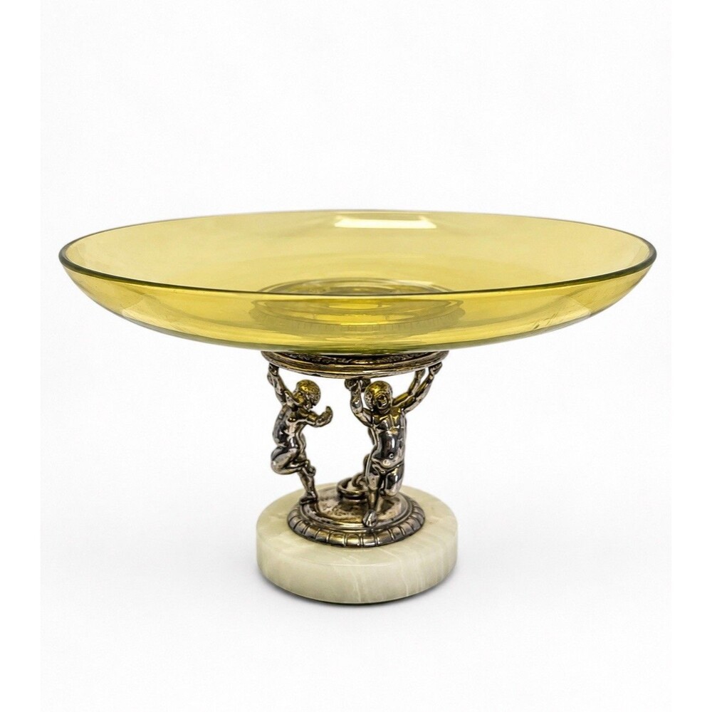 Antique Uranium Vaseline Glass Centerpiece Bowl Cherub Putti Silver Plate Onyx